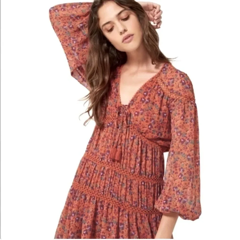 Rebecca Minkoff CADEN Dark Orange Magenta Floral Boho Chic Tiered Peasant Dress - Picture 2 of 16